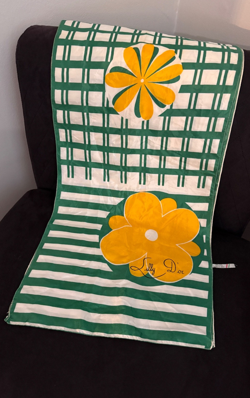 🌼 Vintage Lilly D'or Italy Mod Flower Power Scarf 1960s Green Yellow 14.5 x 57"